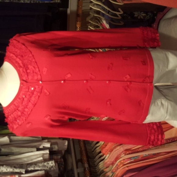 ANN TRINITY ♡ Gorgeous Red Ribbon Sequin Embellished Bling Button Front Blouse M - Picture 3 of 16